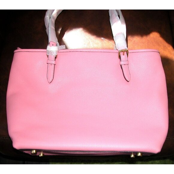 Coach Pink Pebbled Leather Tote Bag With Gold Hardware & Shoulder Straps - Picture 2 of 5